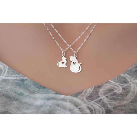 Sterling Silver Mommy and Baby Cat Charm Set Necklace - Picture 4 of 5
